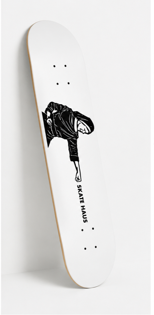 Angled view of a NunFu Skate Haus deck 